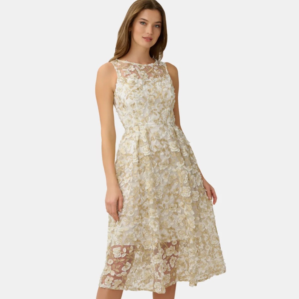 Adrianna Papell Floral Embroidered Crew Neck Fit and Flare Dress